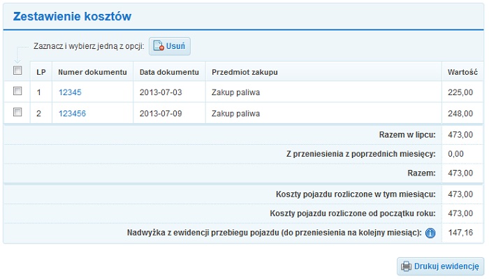 Kilometrówka w inFakcie - zestawienie kosztów