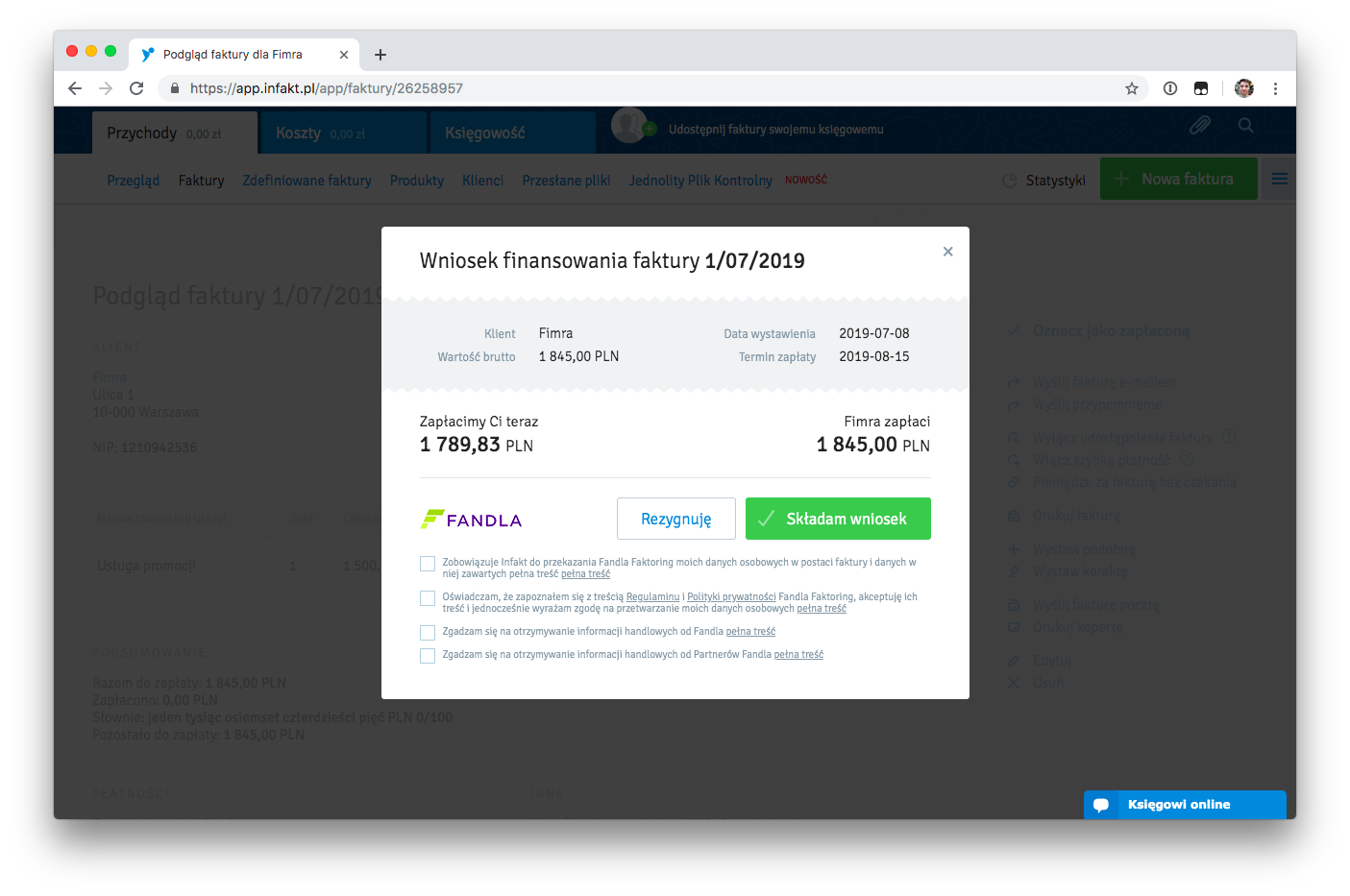 Faktoring jawny Fandla w inFakt - akceptacja oferty
