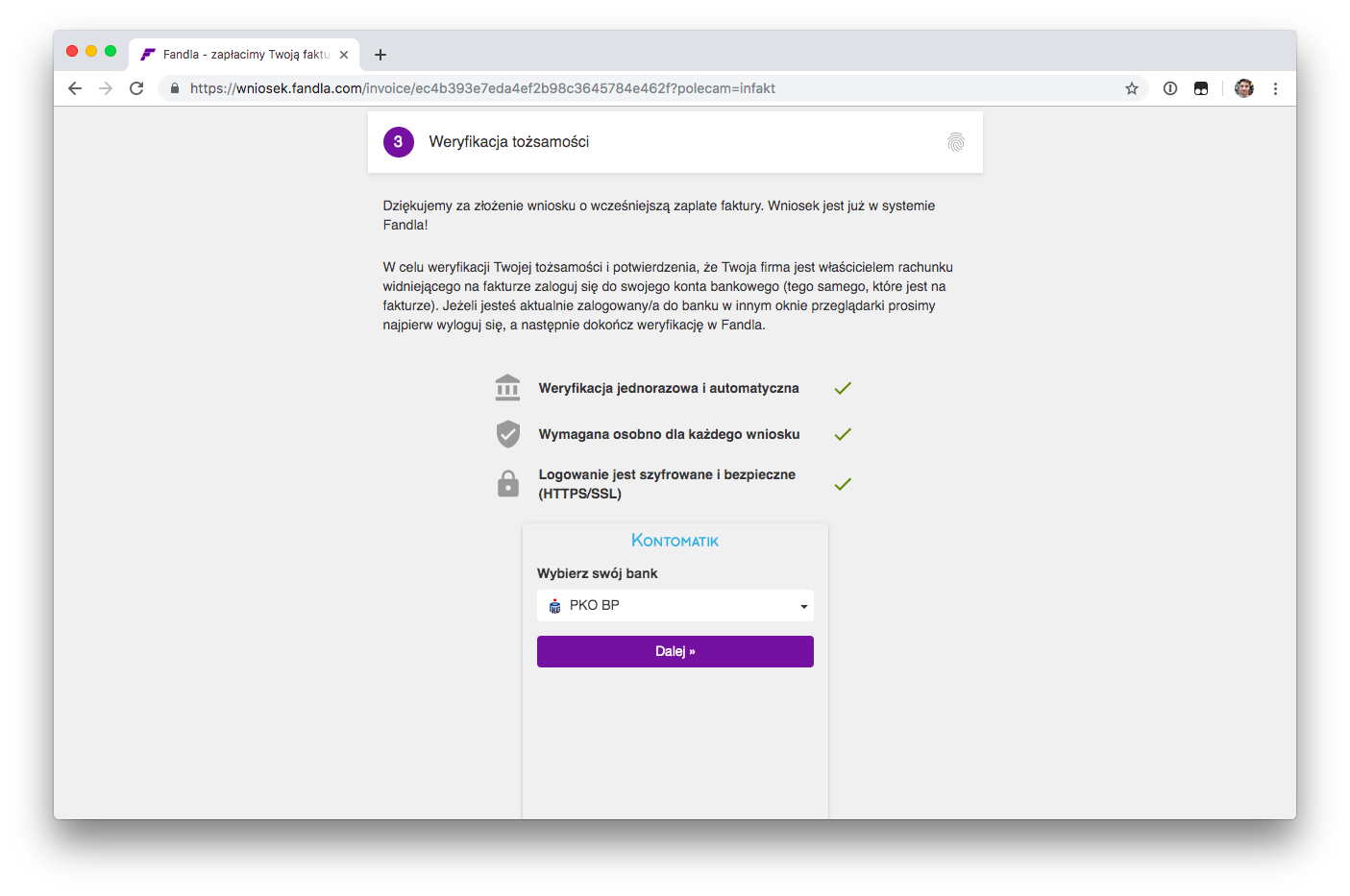 Faktoring jawny Fandla w inFakt - Weryfikacja konta bankowego