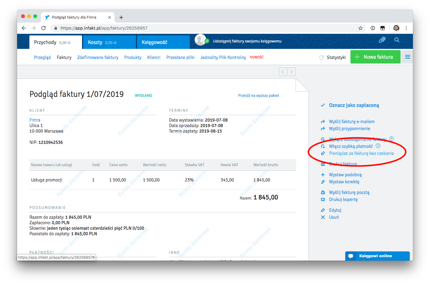 Faktoring jawny Fandla w inFakt - widok detali faktury