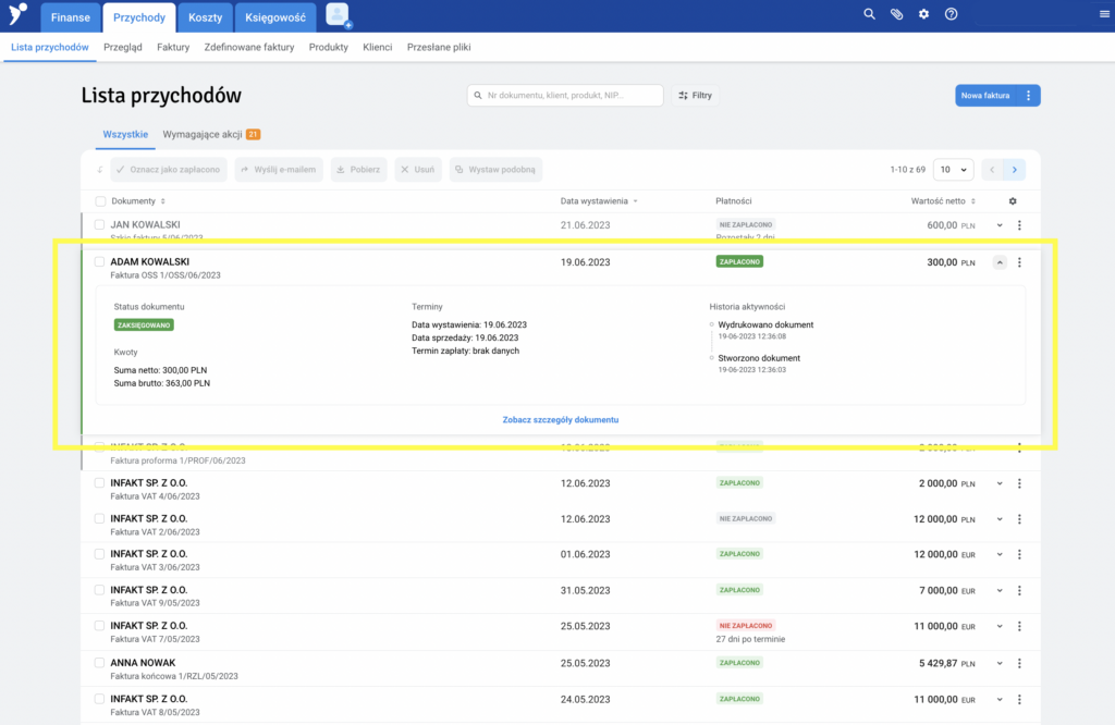 Szczegóły dokumentu na liście przychodów